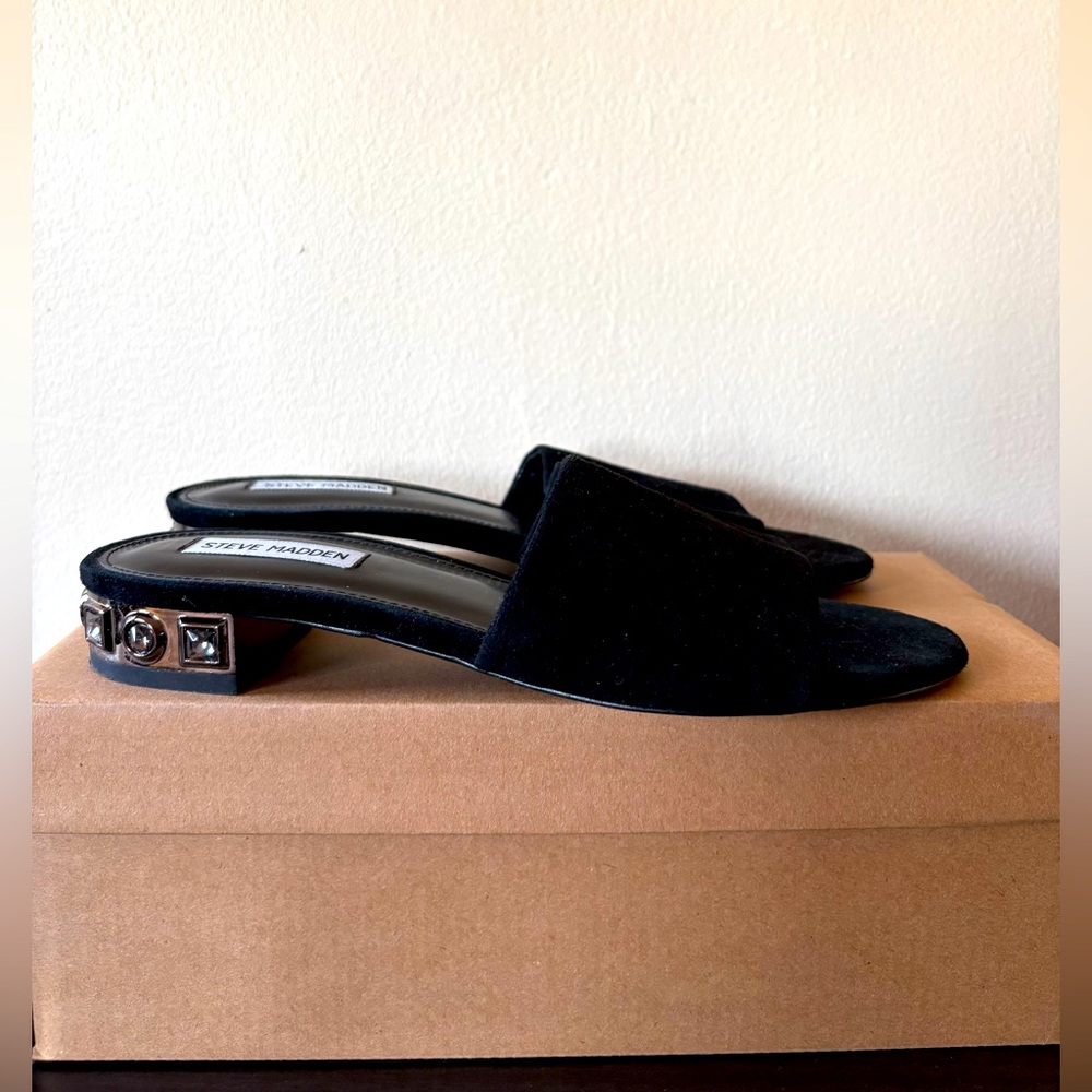 Steve Madden Black Suede Slides with embelished heel - Womens 9M